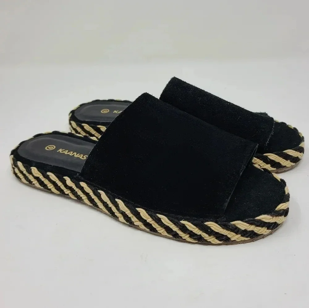 NWT Kaanas Maui Black Leather Open Toe Slides 6